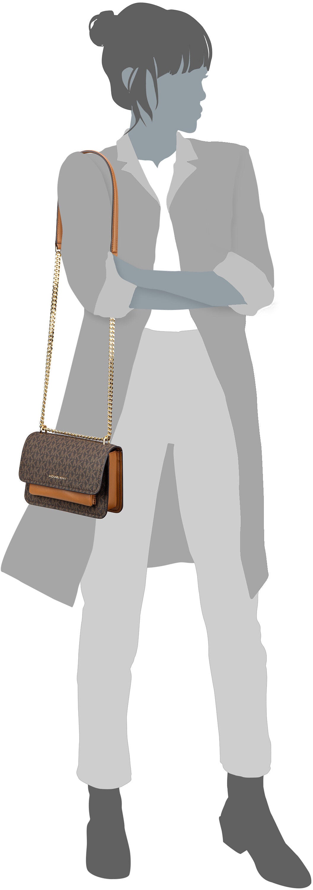 Michael Kors Claire SM Xbody MK Signature Brown/Acorn Borsa da sera – Vista Silhouette