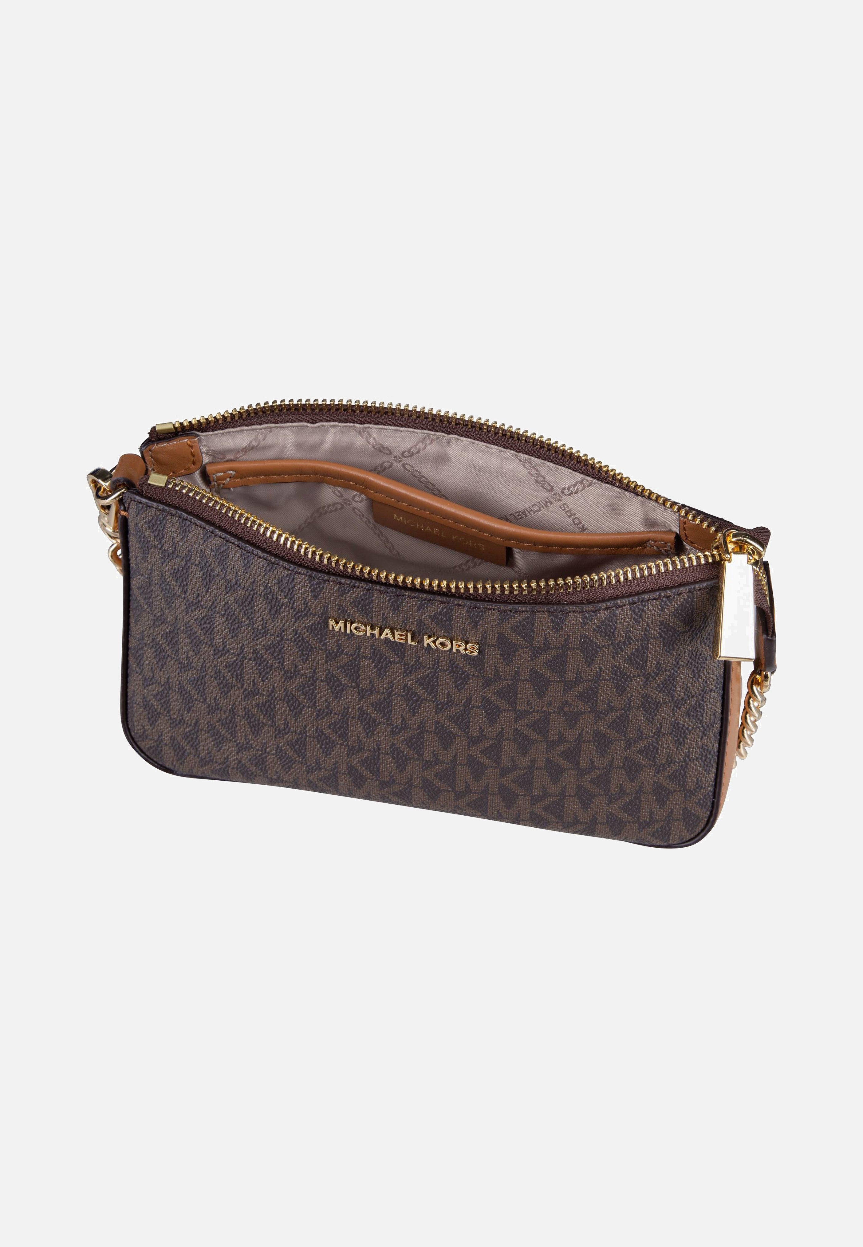 Michael Kors Jet Set Medium Chain Pouchette Lux MK Signature Brown Handle Bag