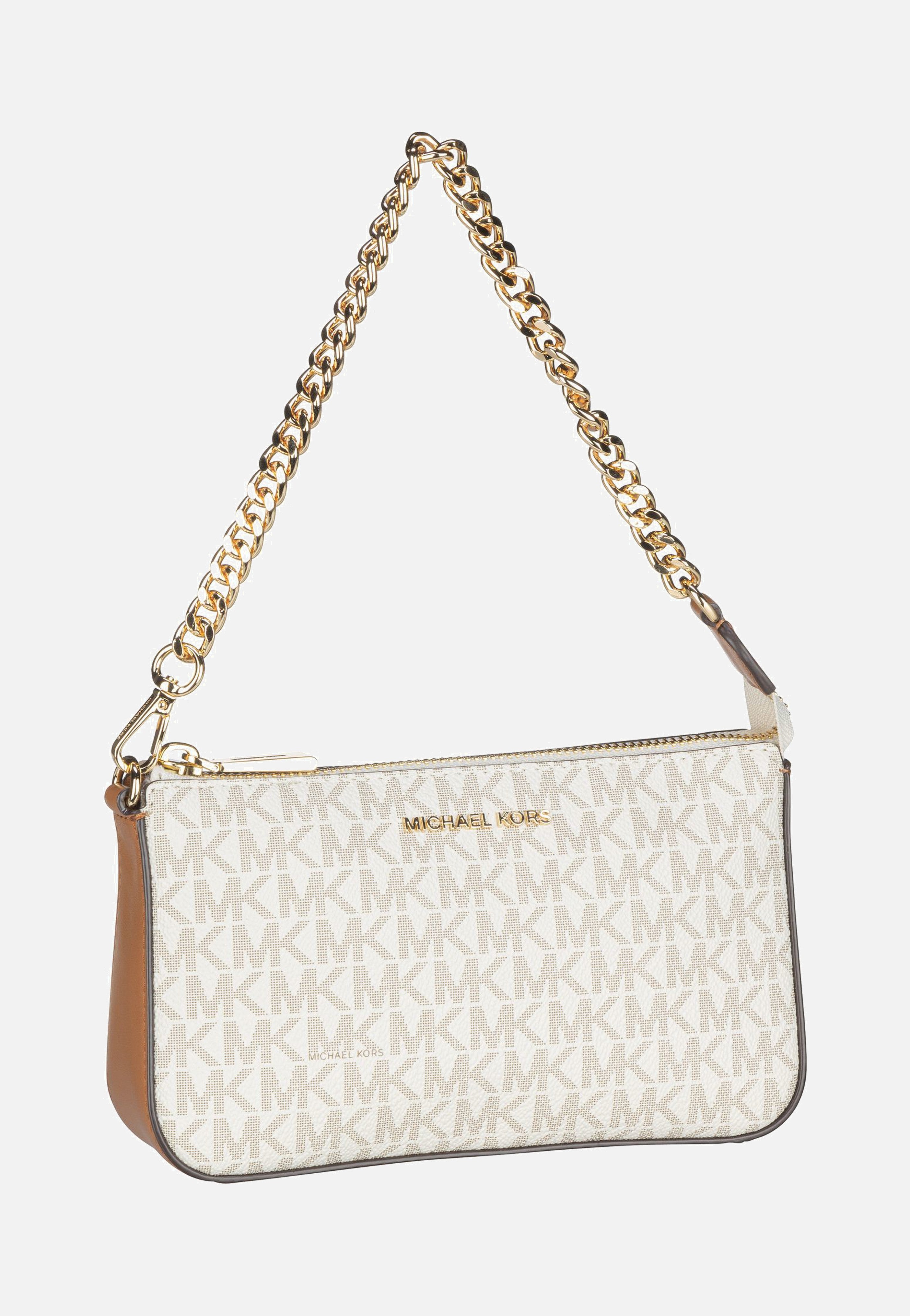 Michael Kors Jet Set Medium Chain Pouchette Lux MK Signature Vanilla Handle Bag