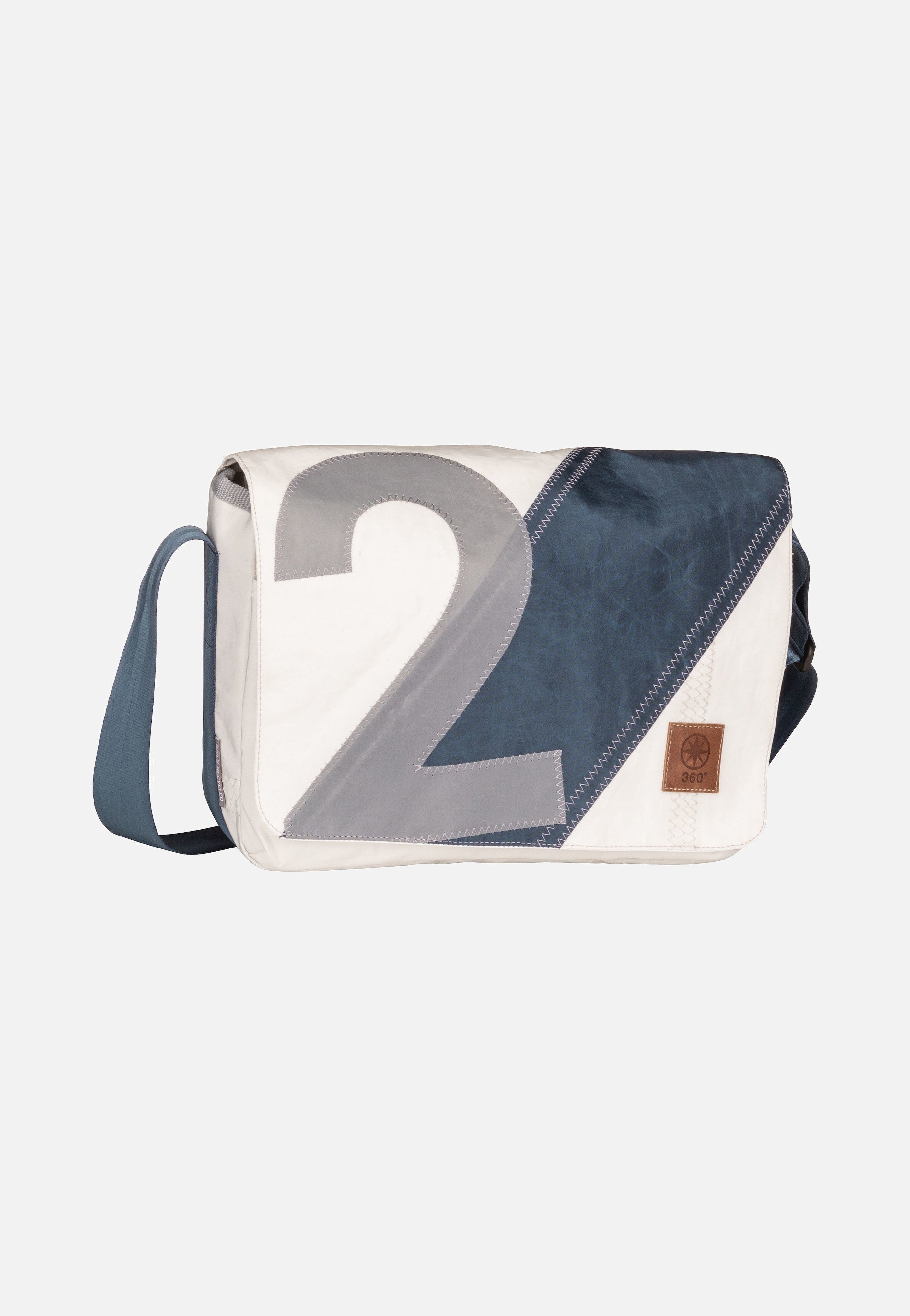 360Grad Barkasse Mini Weiß/Streifen Blau/Zahl Grau Messenger Bag