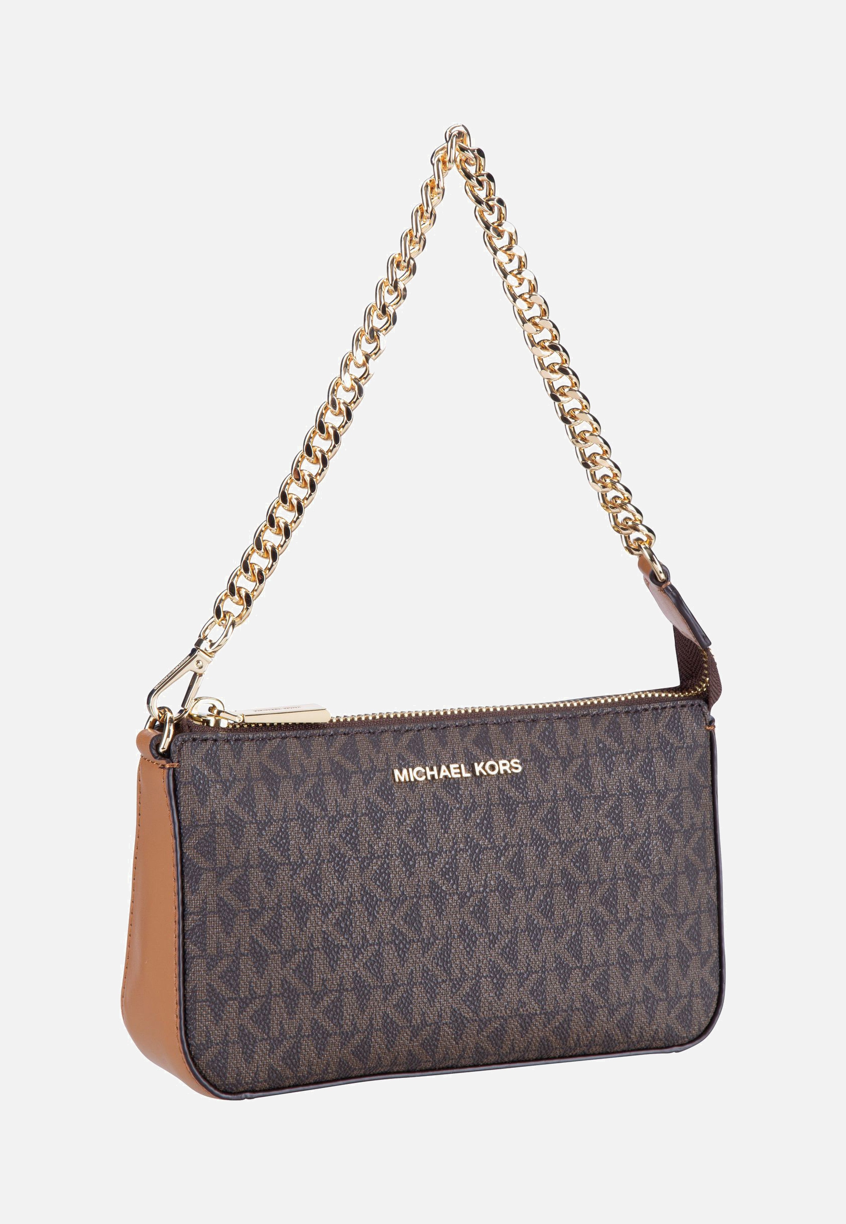 Michael Kors Jet Set Medium Chain Pouchette Lux MK Signature Brown Handle Bag
