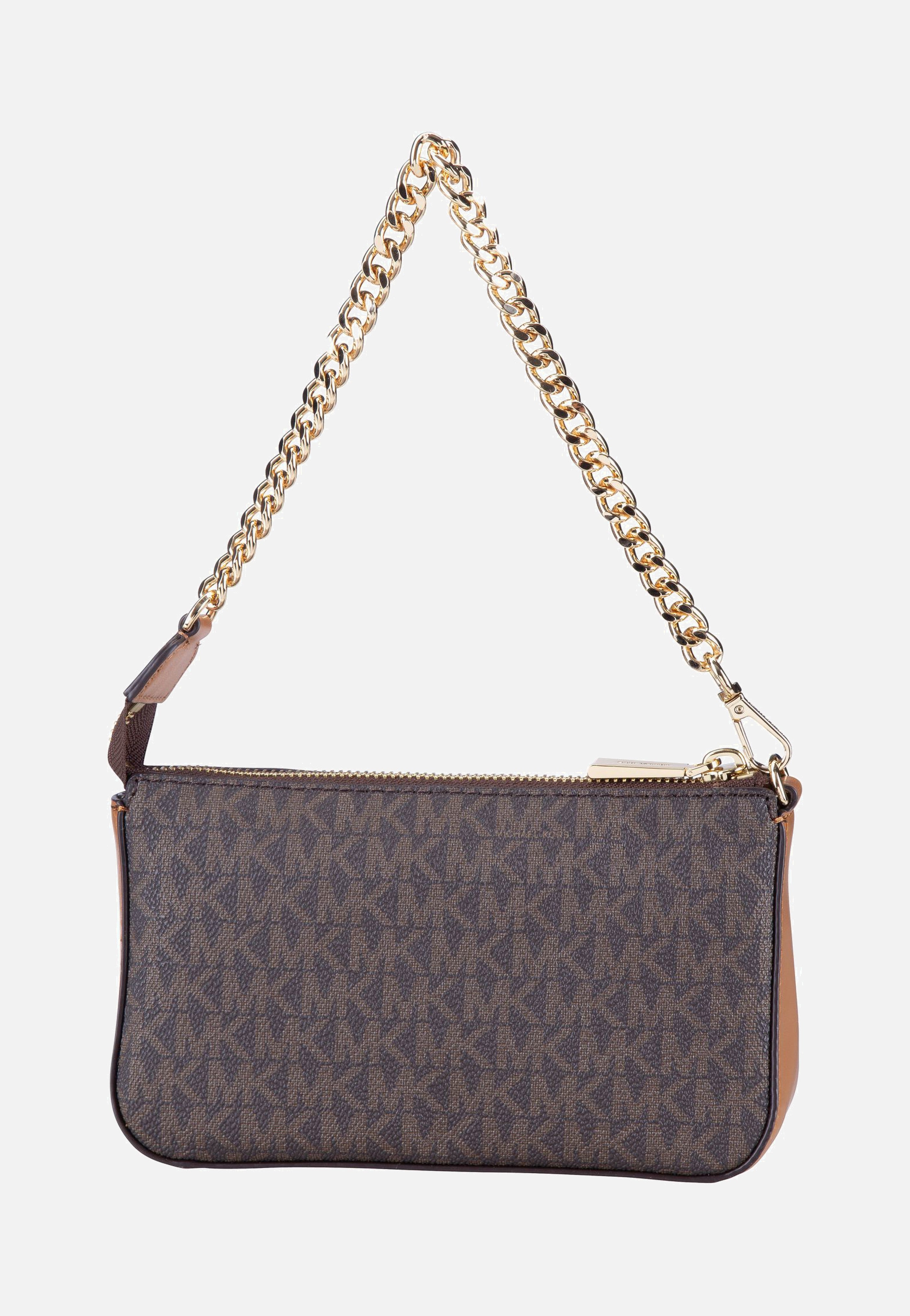 Michael Kors Jet Set Medium Chain Pouchette Lux MK Signature Brown Handle Bag